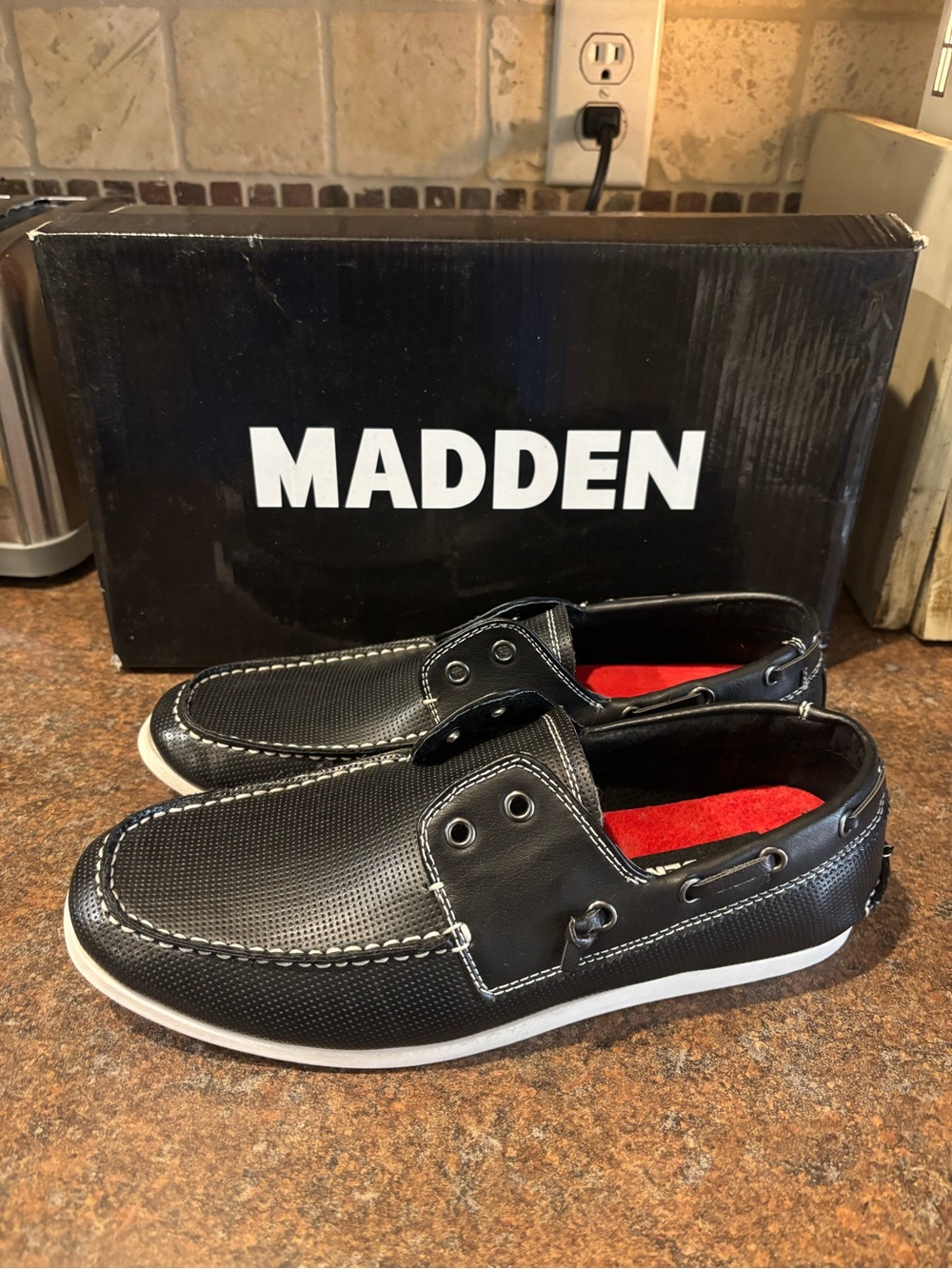 Steve Madden Men's Black Boat Shoes with White Sole